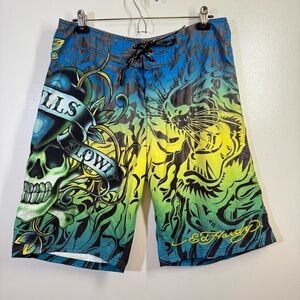 Ed Hardy Board Shorts 33 Blue Green Tattoo Love Kills Slowly Tiger Skull Print